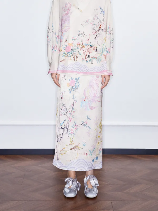 MUKZIN SpringPrelude "Startled Swan" Jacquard Satin New Chinese-style Straight Tube Skirt sold by Muzkin