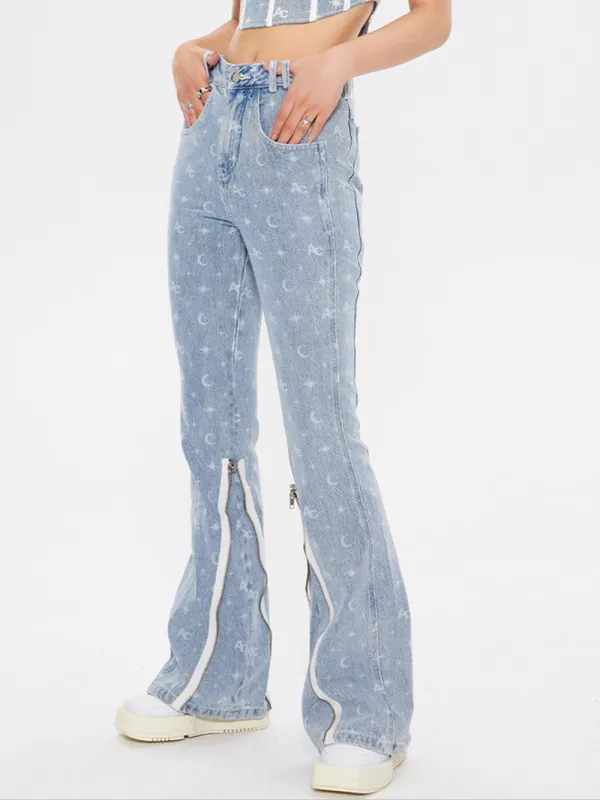 MUKTANK × ARDENCODE Printed Slim-fit Mid-rise Washed Flared Jeans sold by Muzkin