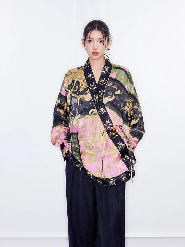 MUKZIN  Spring Prelude"Fu Su" Chinese-style Retro Loose Cross-collar Printed Shirt sold by Muzkin