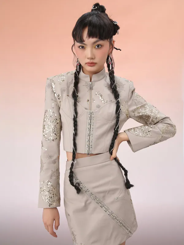 MUKZIN Short Cheongsam Diagonal Collar Paillette Chinese Jacket sold by Muzkin