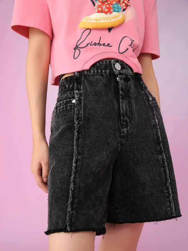 MUKZIN  A-Line Black Washed Denim Shorts All-match sold by Muzkin