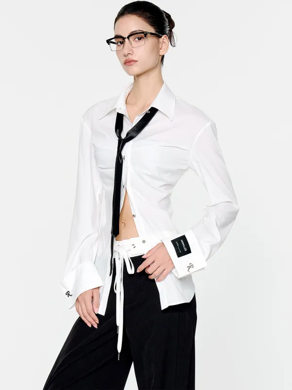 MUKTANK×MODULER Waist-Cinching Slim-Fit Turn-Down Sleeve Shirt in Black and White sold by Muzkin
