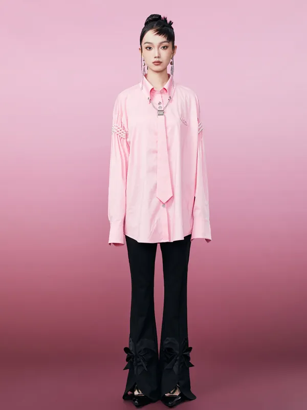 MUKZIN Pink Fashion Pearl Embellished Long Sleeve Shirt (With Tie) sold by Muzkin