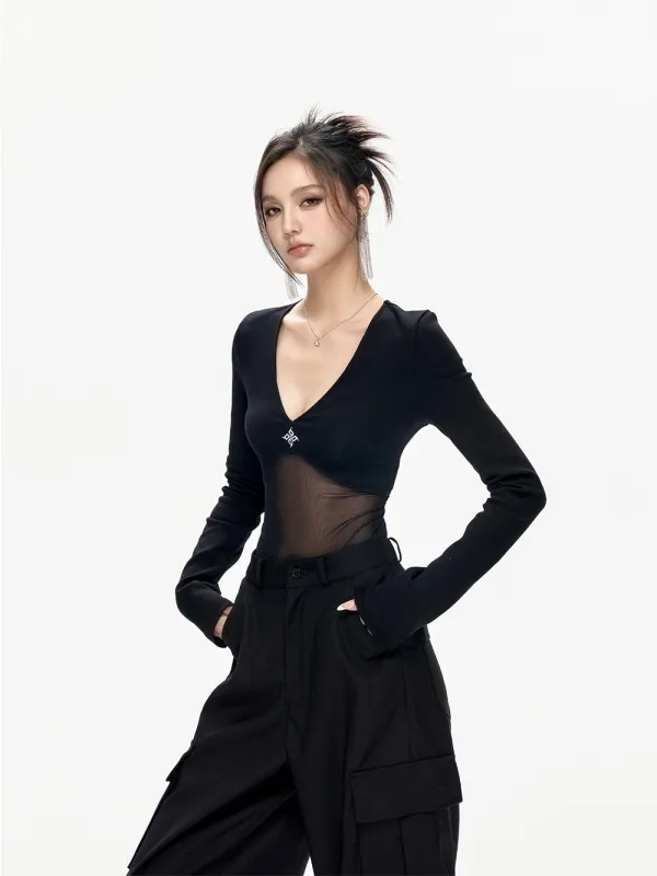 MUKTANK x ARDENCODE Mesh Panel Fitted V-Neck Long Sleeve Knit Undershirt sold by Muzkin