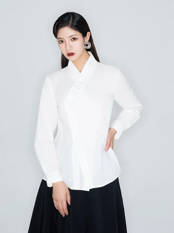 MUKZIN Linglong Series "White Orchid" New Chinese Letter Embroidery Slim Fit Cross-Breasted Hanfu Shirt made by Muzkin