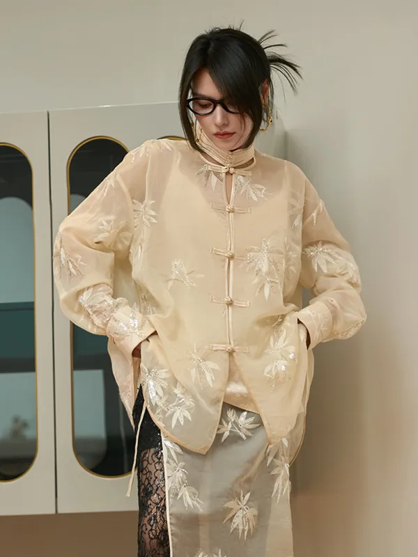 MUKZIN Chinese Style Stand Collar Shirt with Bamboo Leaf Embroidery sold by Muzkin