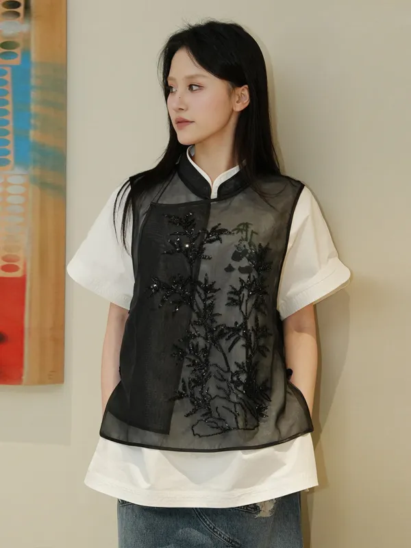 MUKZIN Black See-through Bamboo Leaf Embroidered Vest sold by Muzkin