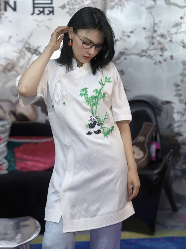 MUKZIN Chinese Style Stand Collar Panda Embroidered Shirt Dress sold by Muzkin