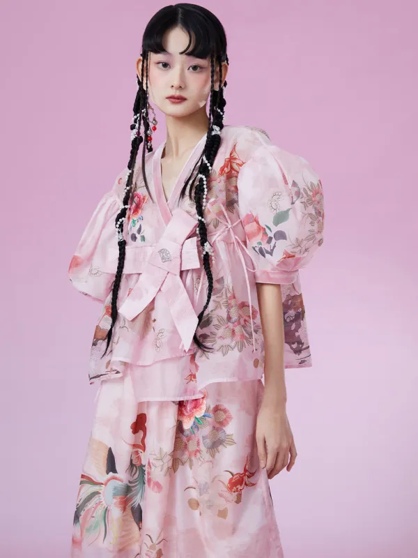 MUKZIN V-neck Bow Puff Sleeve Print Retro Elegant T-shirts sold by Muzkin