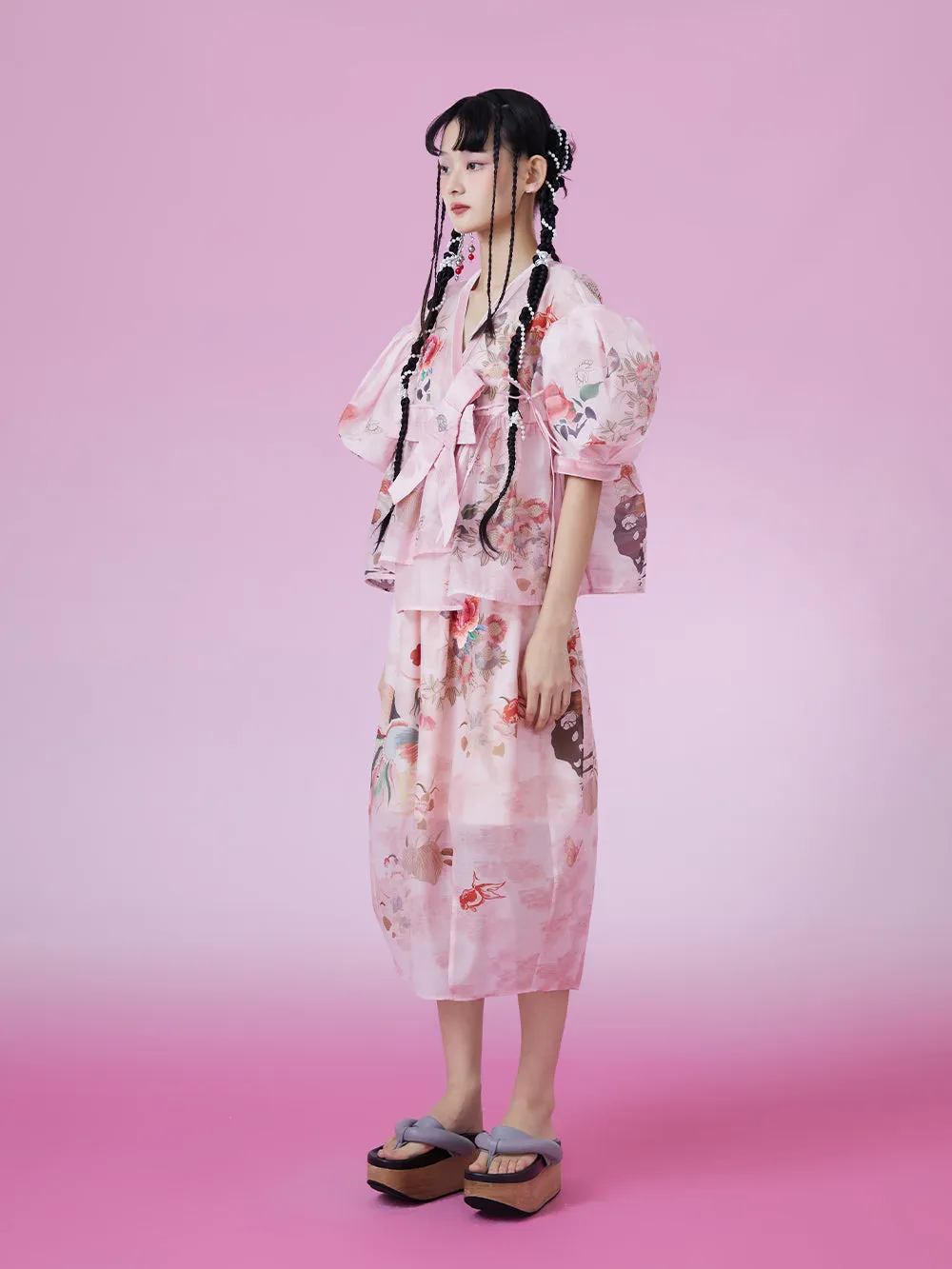 MUKZIN V-neck Bow Puff Sleeve Print Retro Elegant T-shirts sold by Muzkin product image thumbnail 5