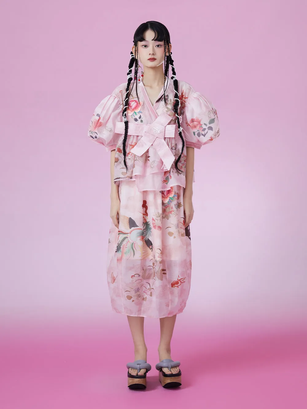 MUKZIN V-neck Bow Puff Sleeve Print Retro Elegant T-shirts sold by Muzkin product image thumbnail 3