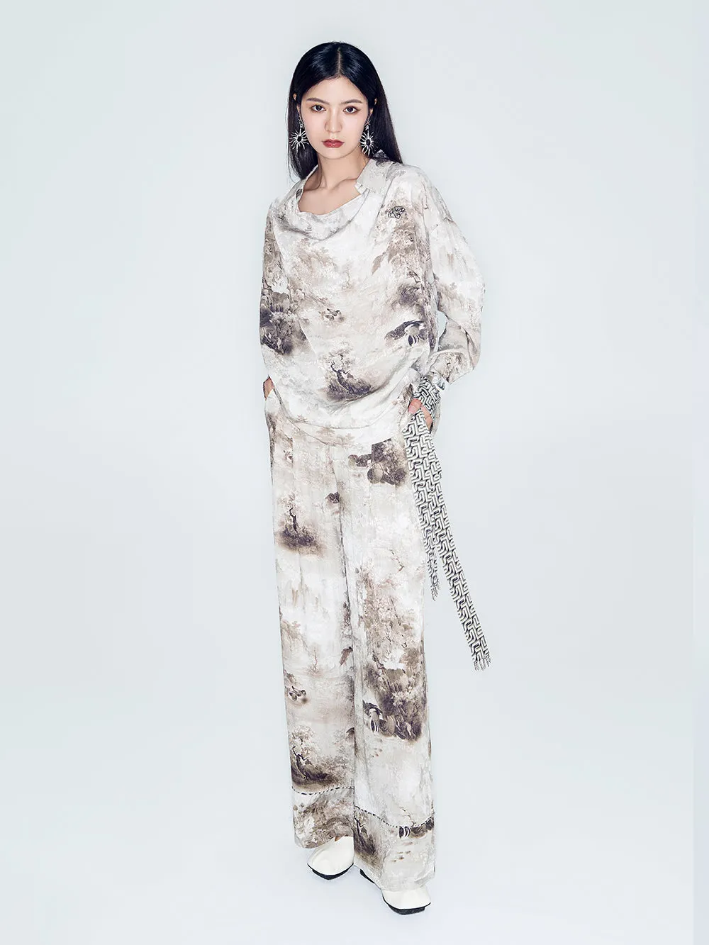 MUKZIN Lilong "Mandarin Duck" Asymmetric Ink-Wash Shirt sold by Muzkin