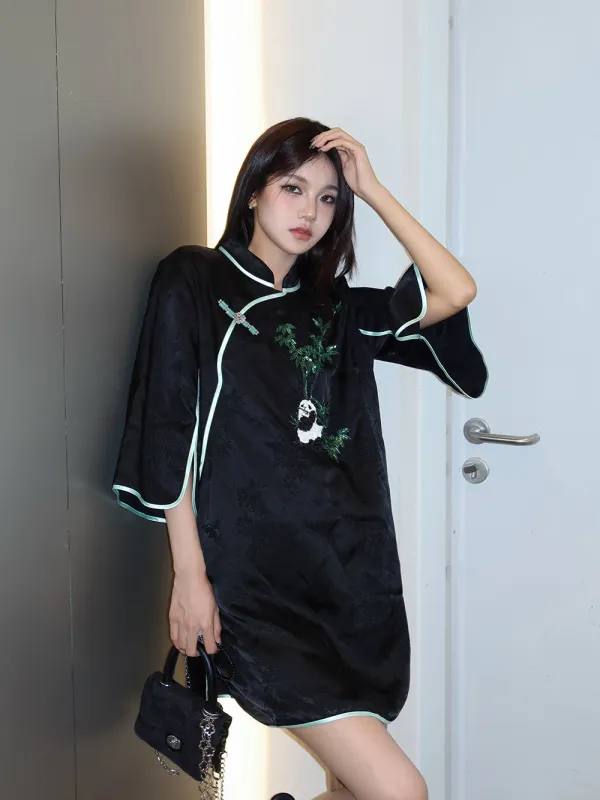 MUKZIN Black Panda Embroidered Cheongsam Dress sold by Muzkin