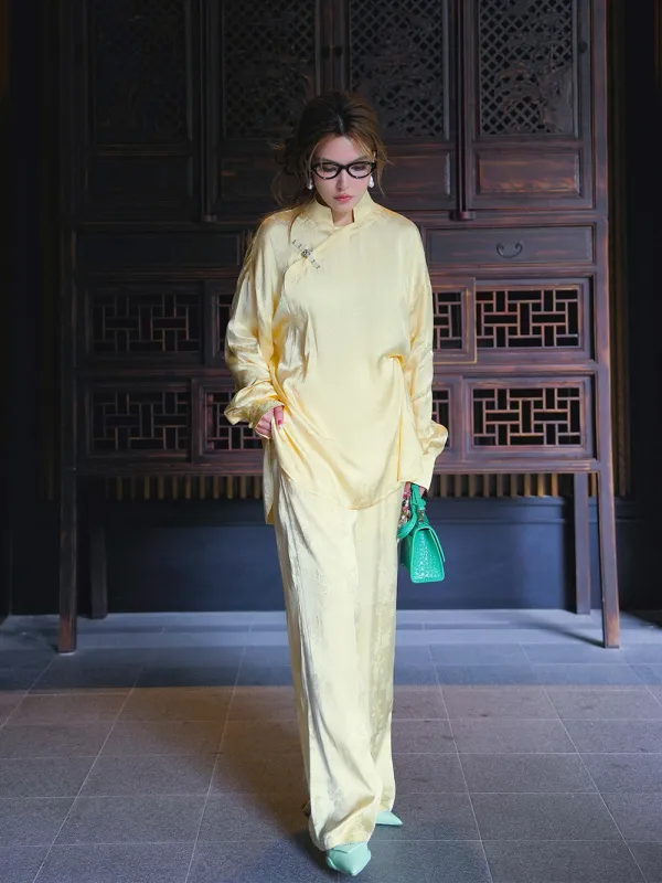 MUKZIN Yellow Jacquard Loose Wide-leg Pants sold by Muzkin
