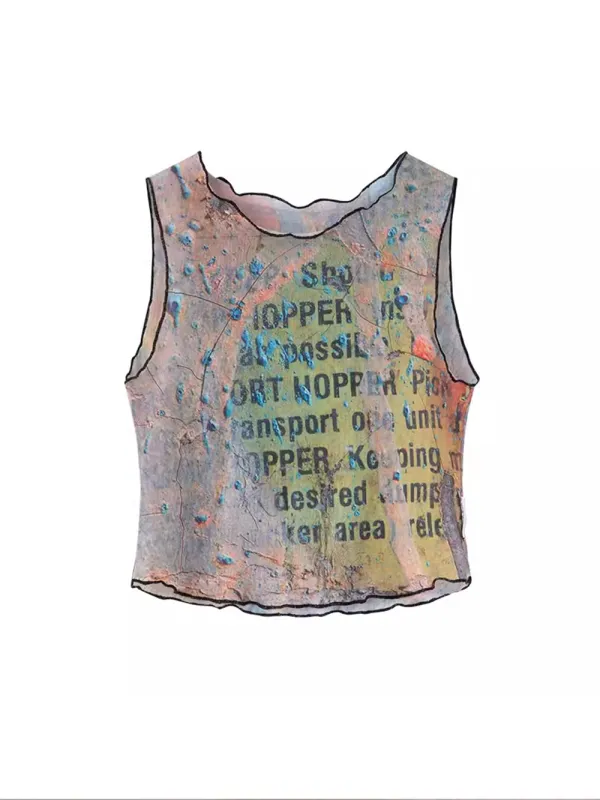 MUKTANK x Damage Asia Mottled Text Patterns Mesh Vest sold by Muzkin