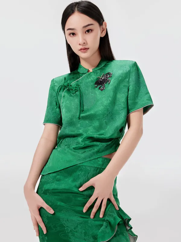MUKZIN Green Chinese Button Design Short T-shirt sold by Muzkin