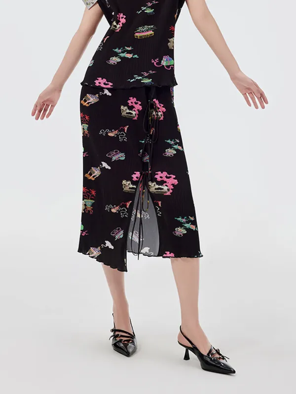 MUKZIN Printed Side Slit Lace-up Skirt sold by Muzkin