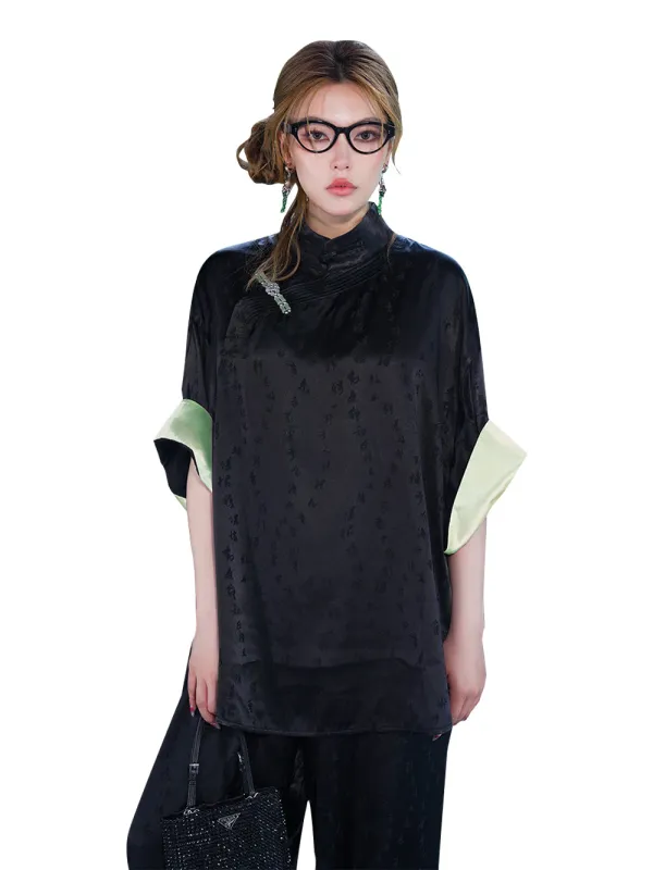 MUKZIN Black Chinese Character Printed Cheongsam Collar Loose T-shirt sold by Muzkin