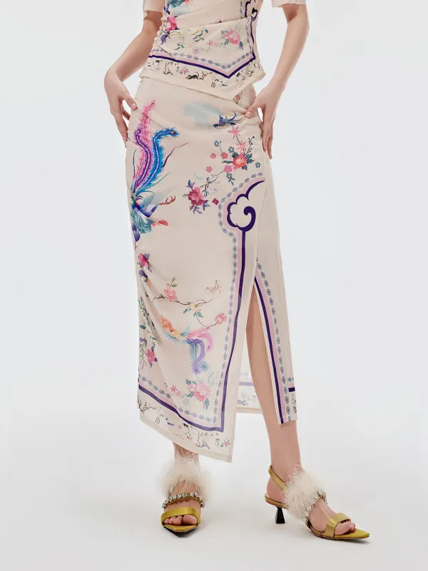 MUKZIN Chinese Style Printed Slit Skirt sold by Muzkin