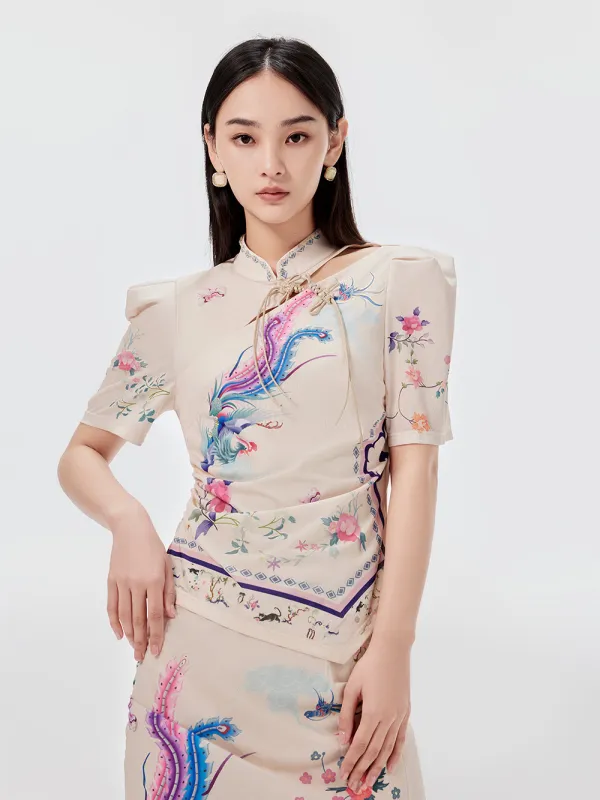 MUKZIN Chinese Style Small Stand Collar Printed Hollow Short T-shirt made by Muzkin