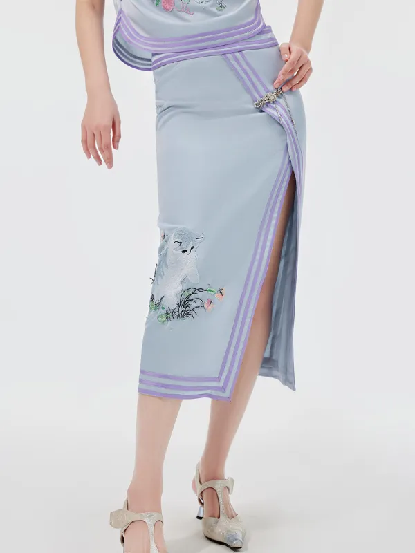 MUKZIN Chinese Style Cat Embroidery Print Slit Midi Skirt sold by Muzkin