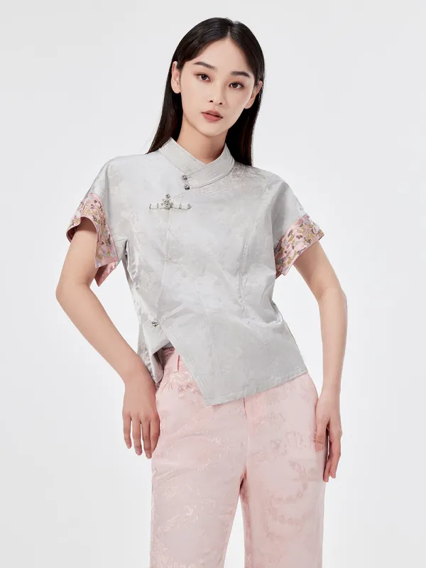 MUKZIN Silver Jacquard Ultra Short-sleeved Cheongsam Shirt sold by Muzkin
