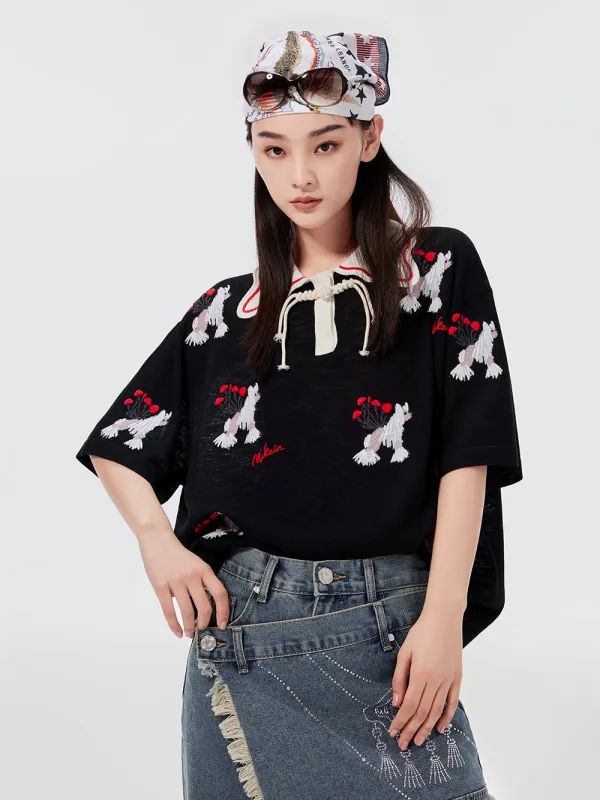 MUKZIN Fashionable Embroidered Doll Collar Knitted T-shirt sold by Muzkin