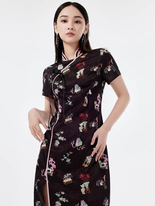 MUKZIN Creative Printed Slit Short-Sleeved Cheongsam sold by Muzkin