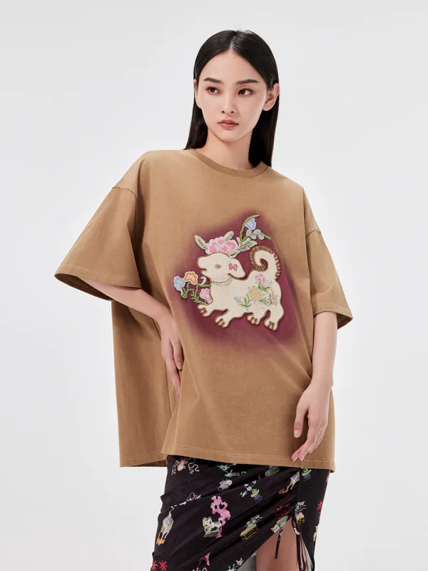 MUKZIN Casual Loose Cute Embroidered Versatile Retro Style T-shirt sold by Muzkin