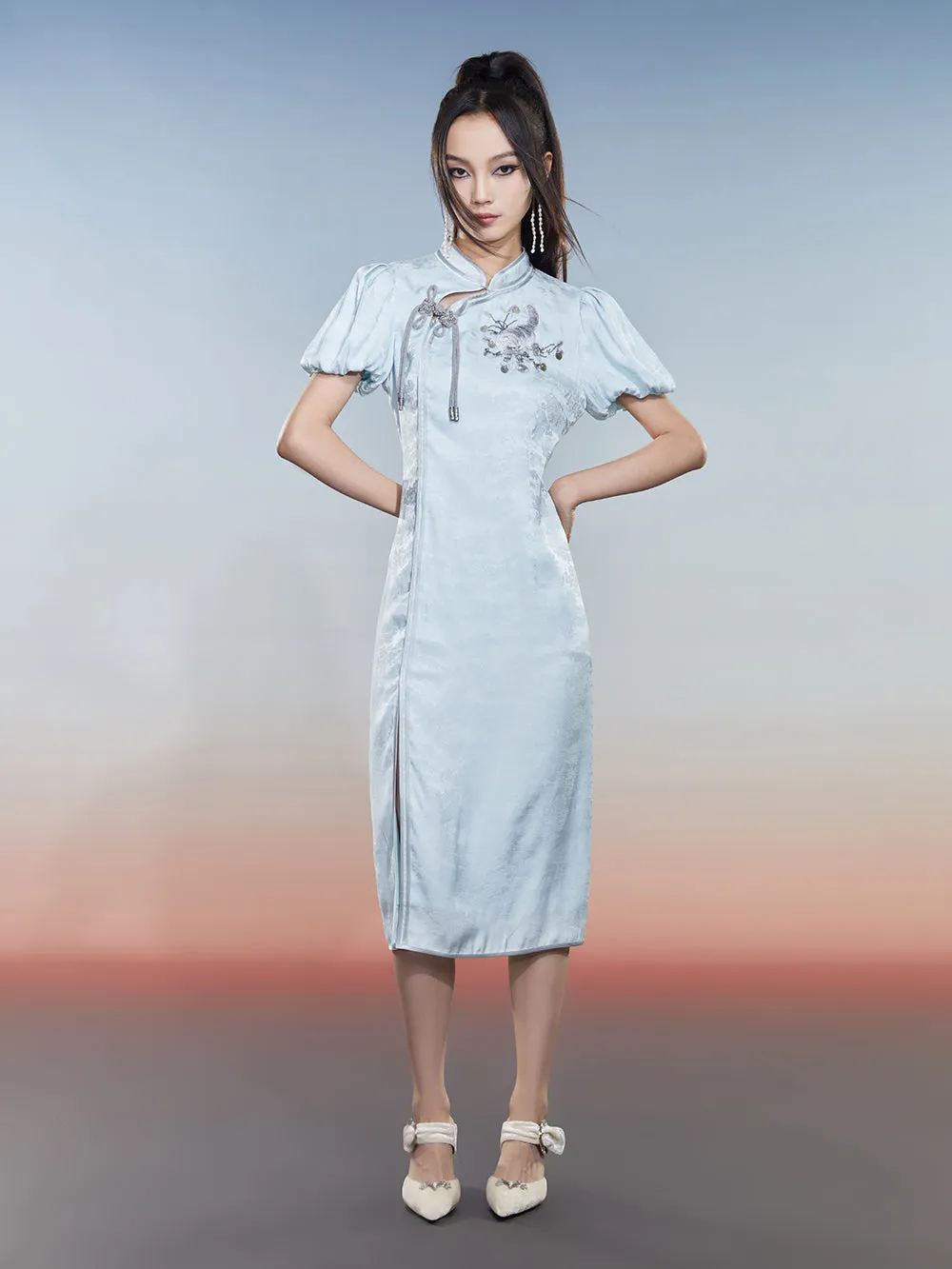 MUKZIN Charming Cheongsam Hollow Puff Sleeves Embroidered Slits sold by Muzkin product image thumbnail 3