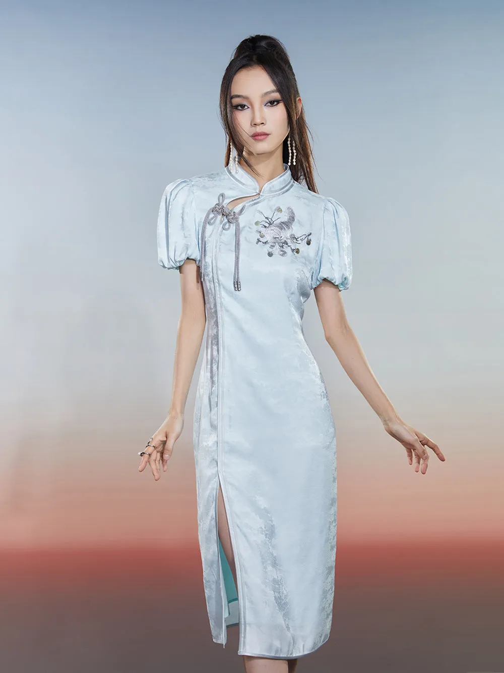 MUKZIN Charming Cheongsam Hollow Puff Sleeves Embroidered Slits sold by Muzkin product image thumbnail 2