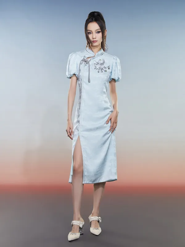 MUKZIN Charming Cheongsam Hollow Puff Sleeves Embroidered Slits made by Muzkin