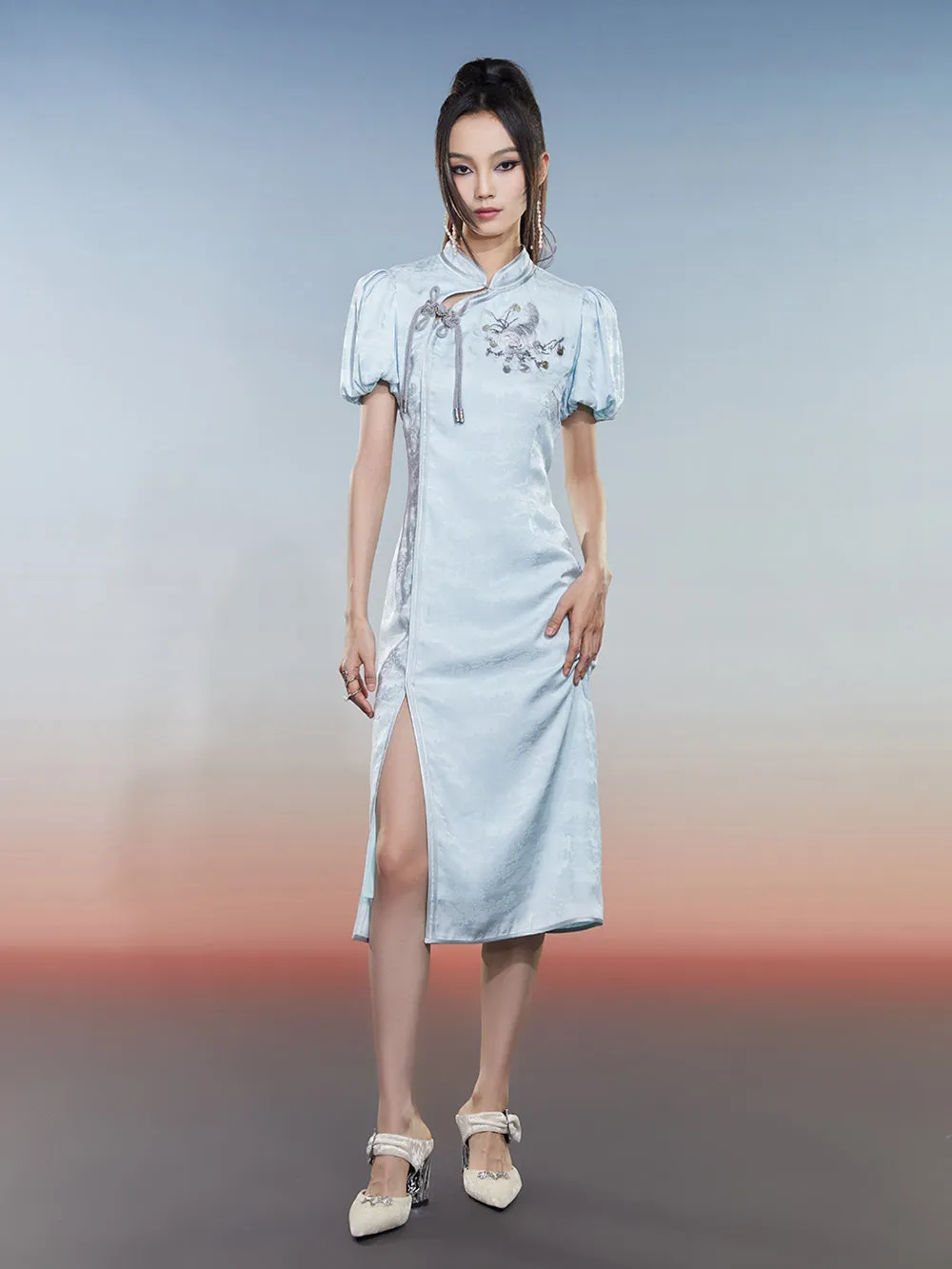 MUKZIN Charming Cheongsam Hollow Puff Sleeves Embroidered Slits sold by Muzkin