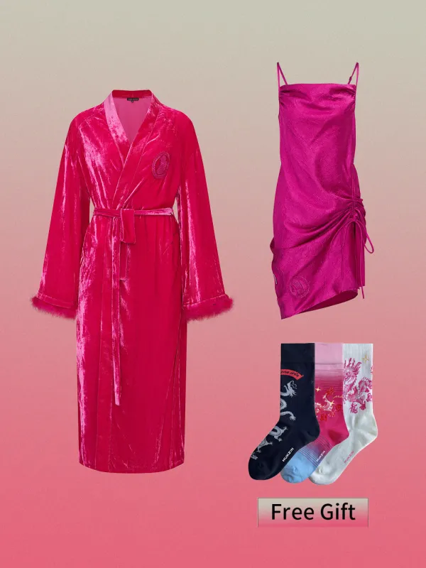 WS Rose Red/ Pink Velvet Turkey Feather Pajamas+Socks sold by Muzkin