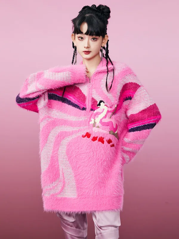 MUKZIN Pink Mink Skiing Women Pattern Sweater sold by Muzkin