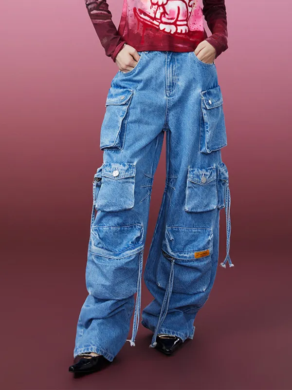 MUKZIN Multiple Pockets Wide Leg Jeans sold by Muzkin