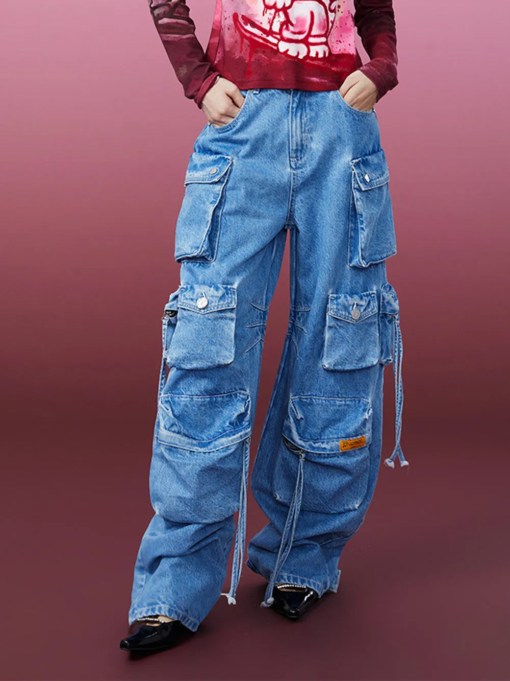 MUKZIN Multiple Pockets Wide Leg Jeans sold by Muzkin