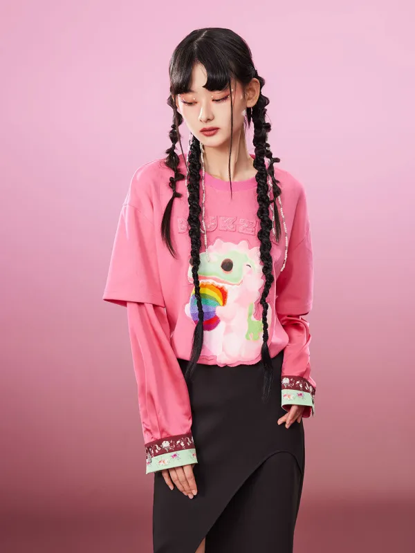 MUKZIN Fake Two-piece 2-color Embroidery School Style All-match T-shirts sold by Muzkin