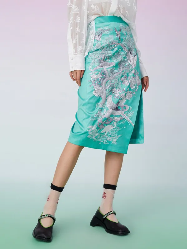 MUKZIN Floral Embroidery Split Green Skirt sold by Muzkin