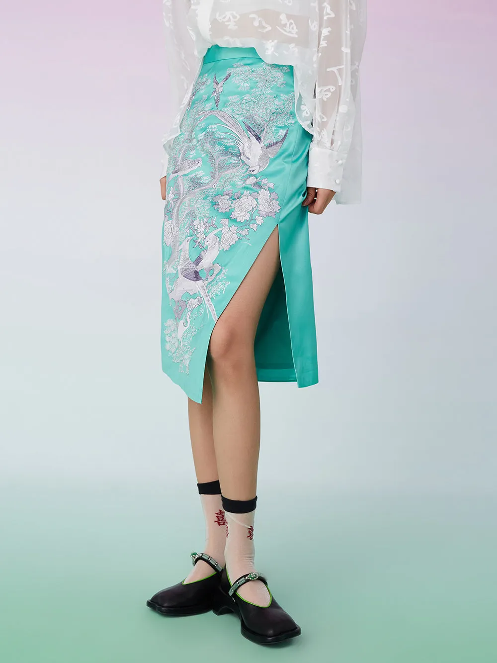 MUKZIN Floral Embroidery Split Green Skirt sold by Muzkin product image thumbnail 2