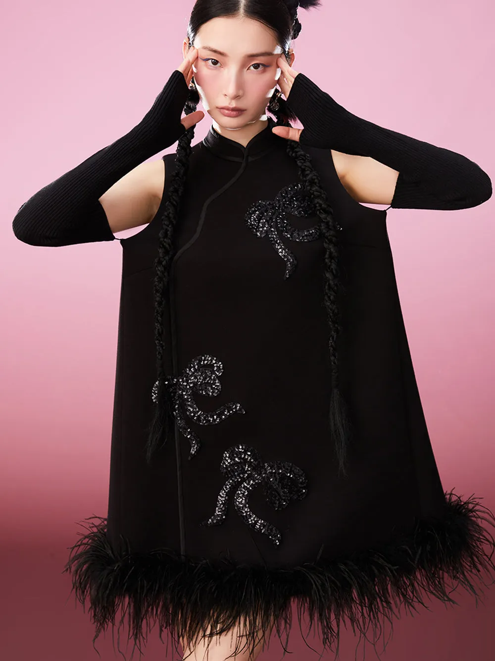 MUKZIN Ribbon Sequin Embroidered Knit Sleeve Modified Cheongsam sold by Muzkin product image thumbnail 4