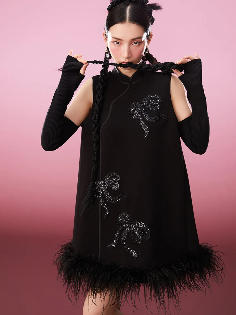 MUKZIN Ribbon Sequin Embroidered Knit Sleeve Modified Cheongsam sold by Muzkin product image thumbnail 3