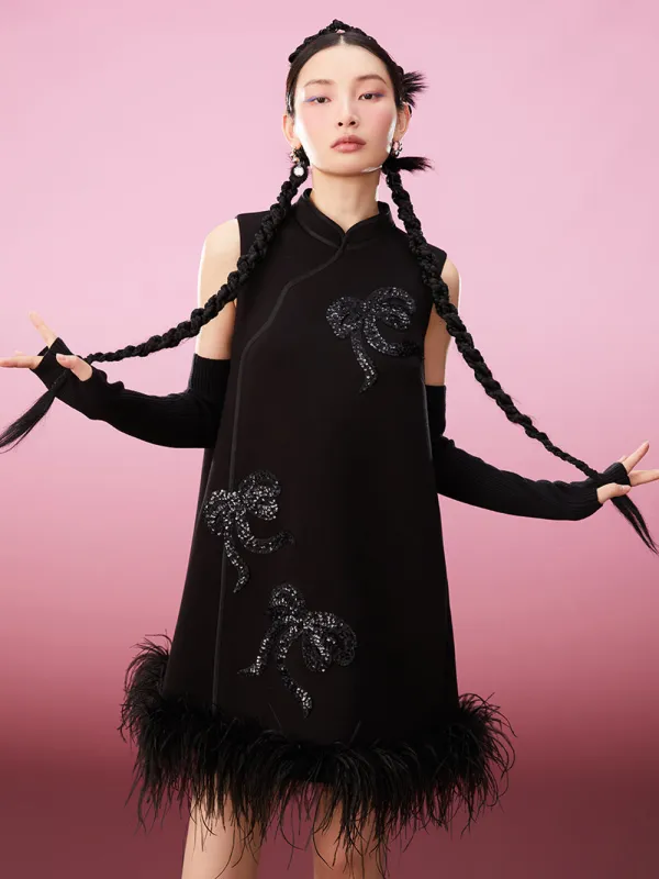 MUKZIN Ribbon Sequin Embroidered Knit Sleeve Modified Cheongsam sold by Muzkin