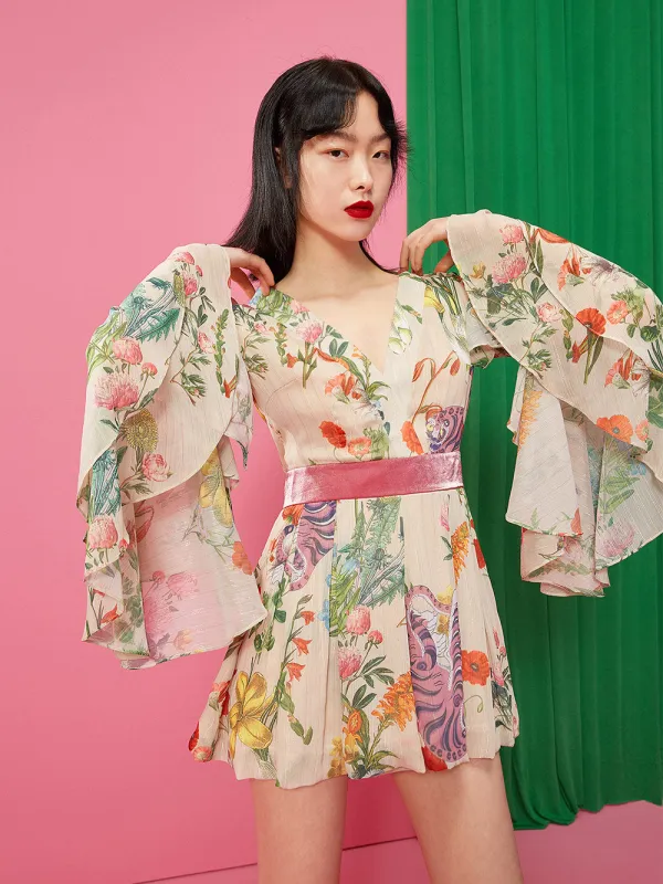 MUKZIN V-neck Printed Sexy Bell Sleeve Dress sold by Muzkin