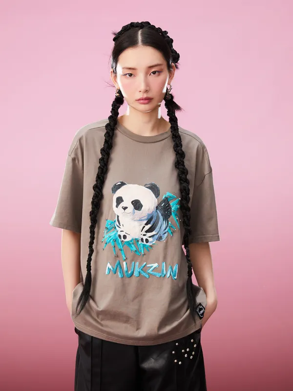 MUKZIN All-match Classic Casual Panda Print Loose 2-color T-shirts sold by Muzkin