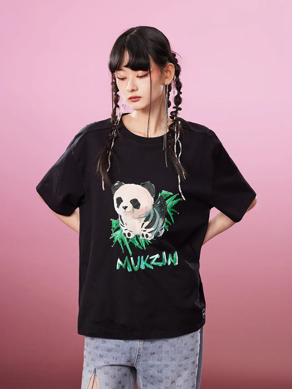 MUKZIN All-match Classic Casual Panda Print Loose 2-color T-shirts sold by Muzkin product image thumbnail 2