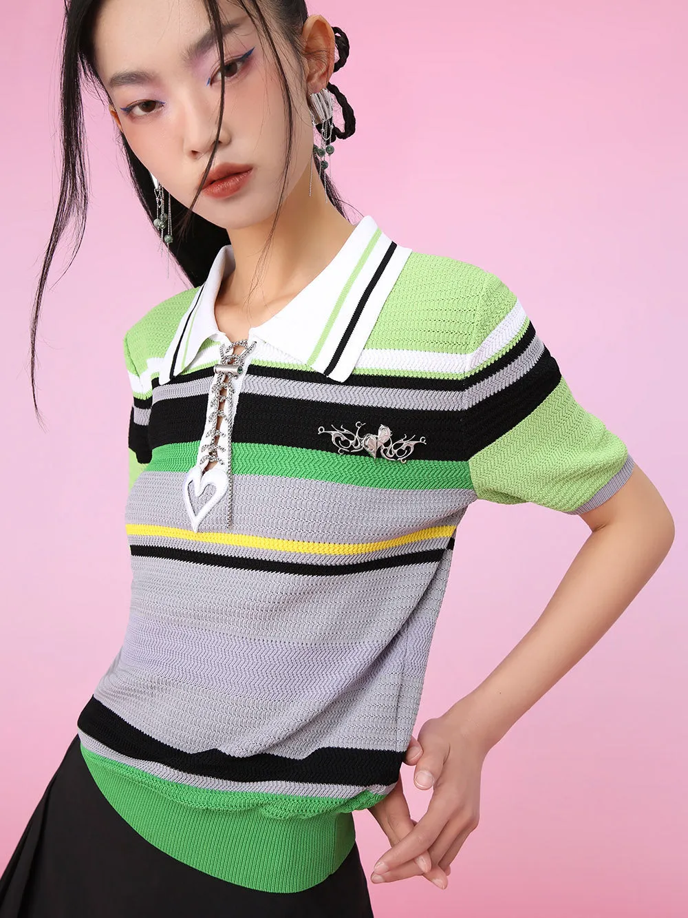 MUKZIN Stripe Fresh Polo Neck Unique Knittled T-shirts Knitwear sold by Muzkin product image thumbnail 3