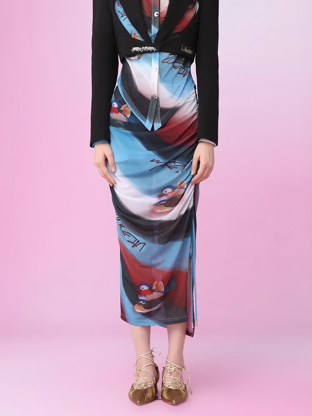 MUKZIN Sheer Fabric Mandarin Duck Print Skirts sold by Muzkin
