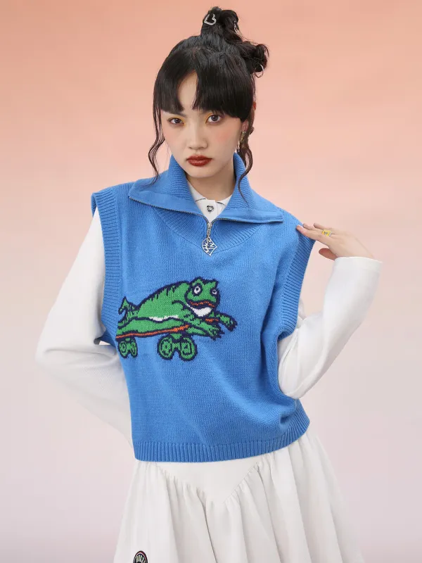 MUKZIN Blue Knitted Loose Short Vest sold by Muzkin