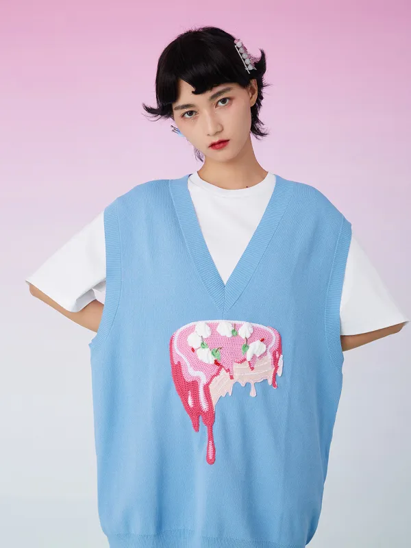 MUKZIN Knit Patched Oversize Blue Tank Top sold by Muzkin